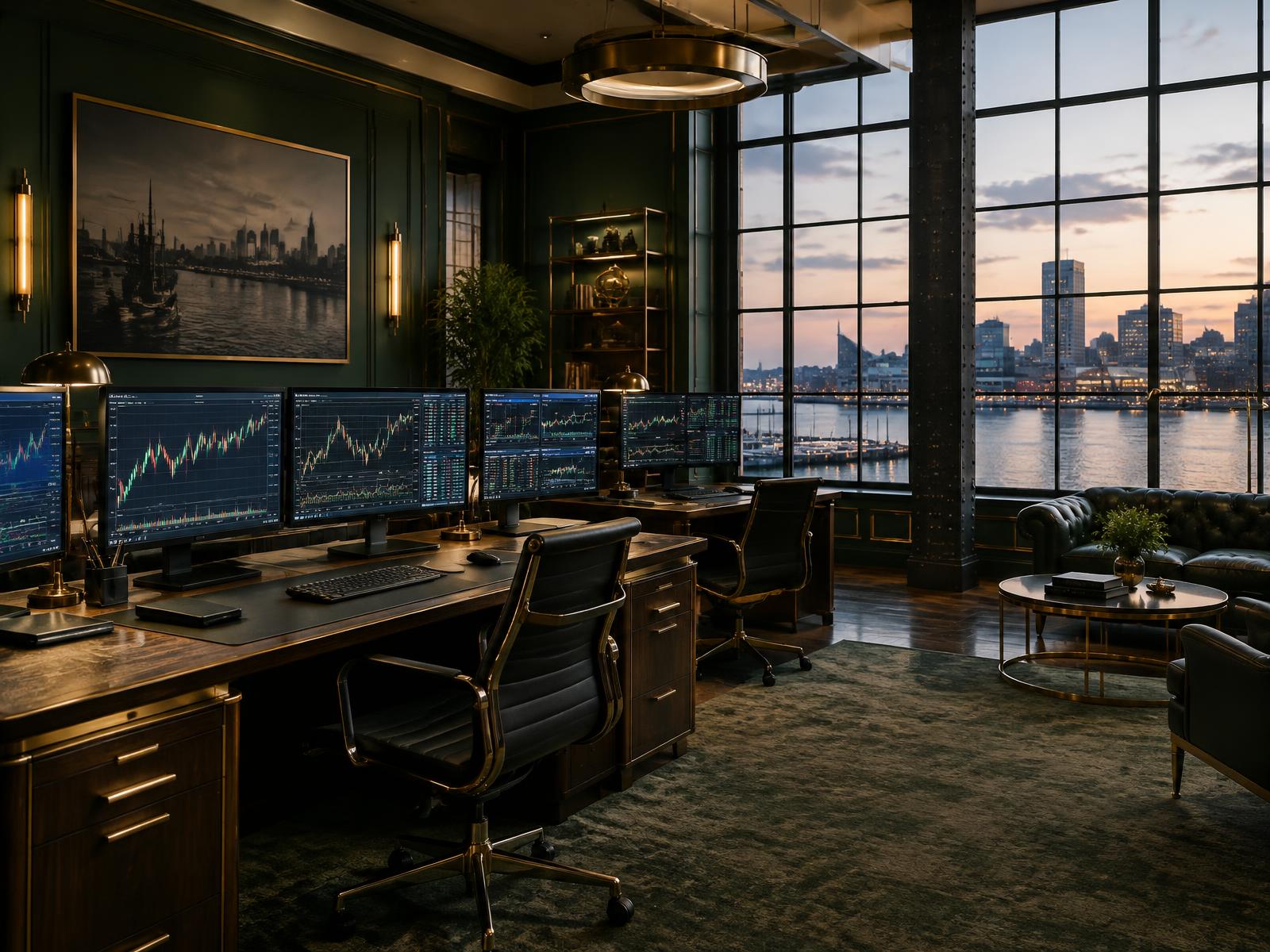 A refined trading room overlooking Baltimore harbor